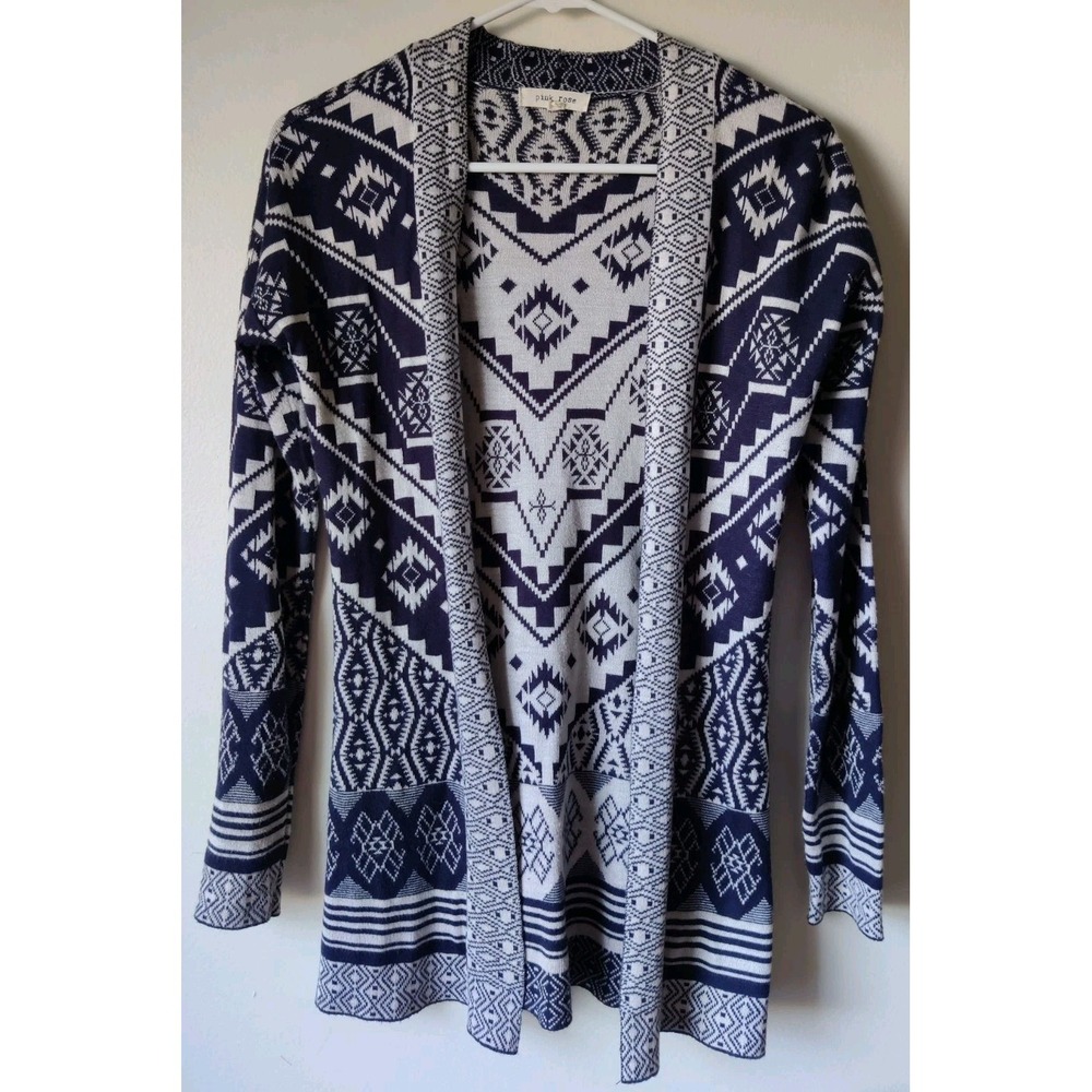 Pink Rose Women's Open Front Cardigan Aztec Design Navy Blue/White Size XS